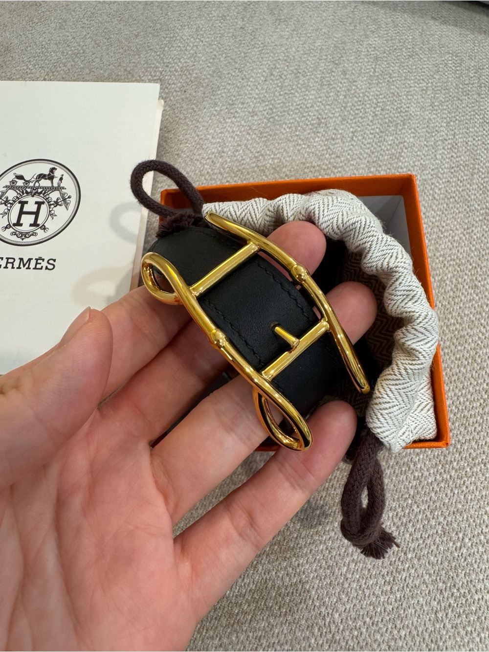 Hermes Black Leather and Gold Cuff Bracelet
